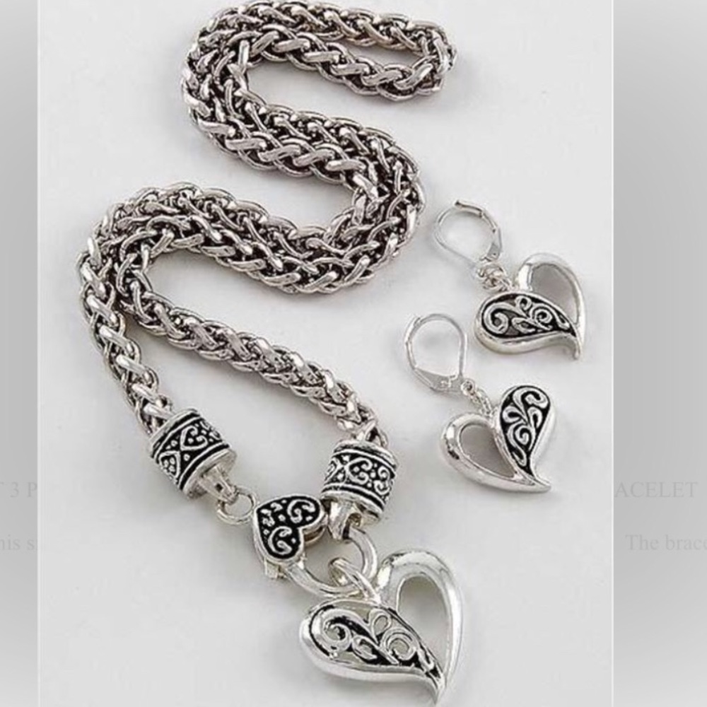 Silver Heart Necklace Bracelet Earring Set 3 piece